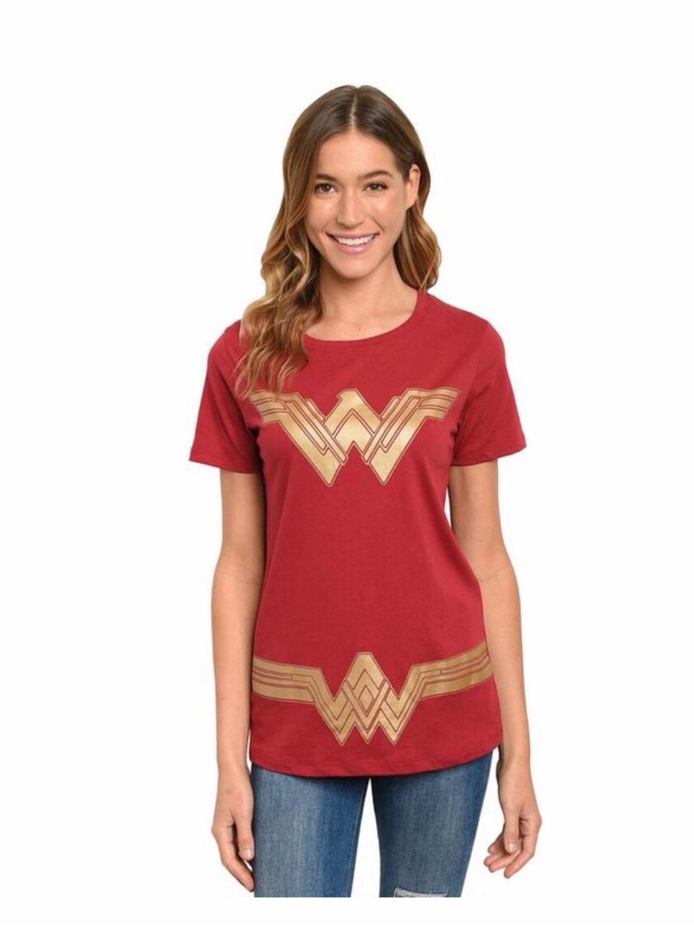 DC Women's Red Short Sleeve Tee with Gold Wonder Emblemsuze 3X new
